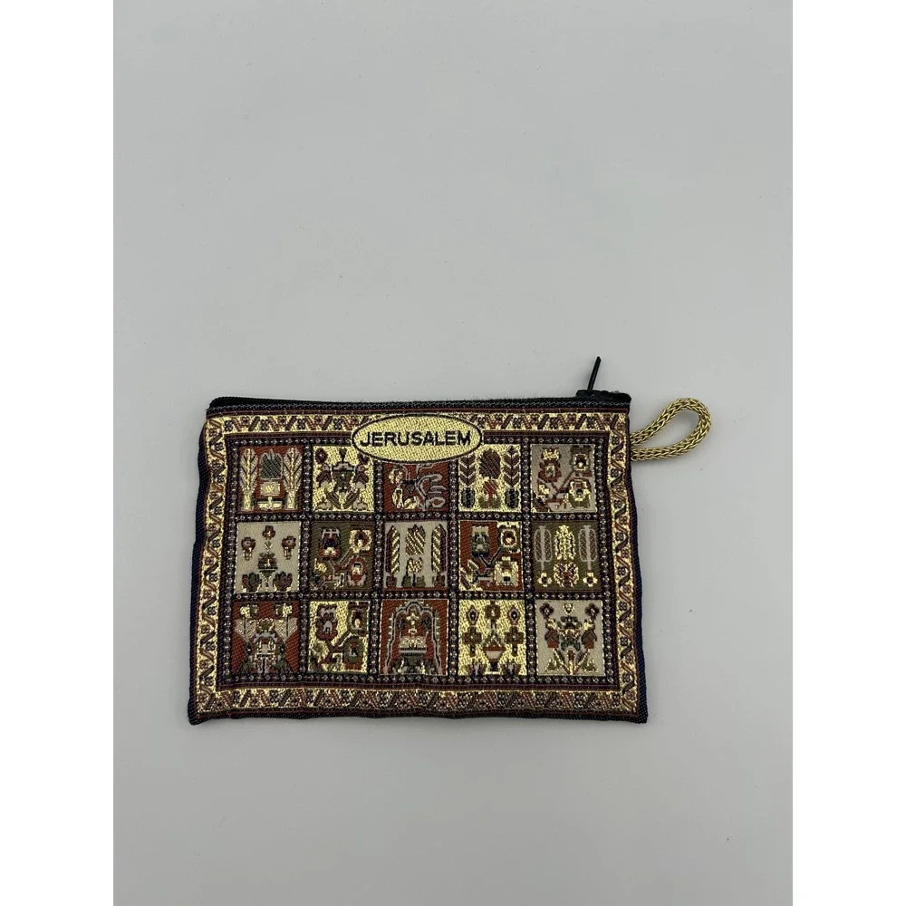 Jerusalem Souvenir Woven Tapestry Coin Purse Gold Metallic Zipper Pouch Small